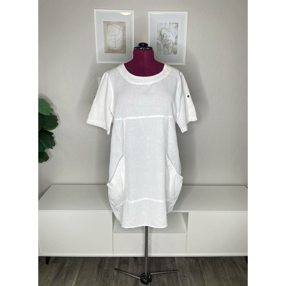Vasna Dress Women's L White Pockets‎ Roll Tab Sleeves Lagenlook Linen Blend